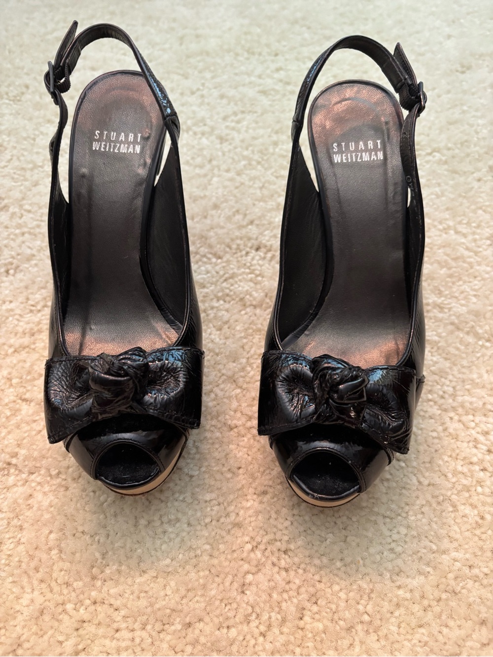 Stuart Weitzman Black Peep-Toe Slingback Heels with Bow Accent